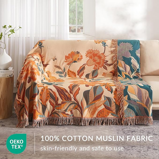 Boho Throw Blanket for Couch Sofa Bed, 100% Cotton Woven Quilt with Tassel 60”x80”, Super Soft Muslin Blanket with Floral Printed, Decorative Reversible Bed Blanket/Cover for All Seasons