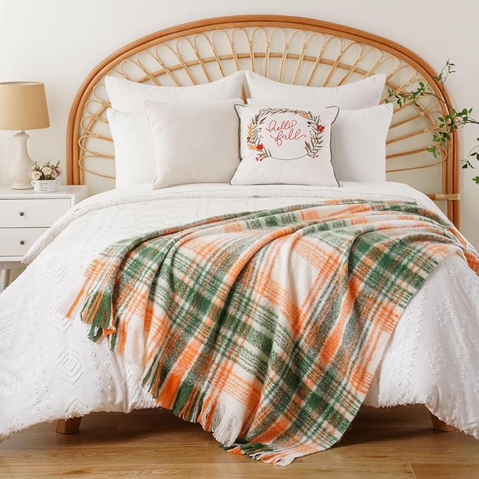BATTILO Green Plaid Throw Blanket for Couch, Fall Mohair Tartan Plaid Blanket, Farmhouse Style Orange Throw Blankets for Home Decor(50"x60")