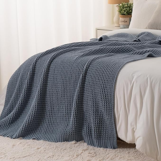 Bunnikins & Clover Blue Grey Throw Blanket for Couch, Thick Warm Soft Cozy Knitted Chenille Throw Blanket for Sofa, Bed, Living Room, 60"x80"