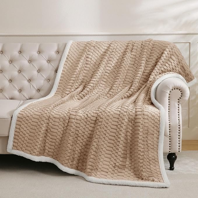 Sherpa Throw Blanket for Couch Flannel Cozy Soft Thick Blanket Warm Twin Blanket for Bed Fleece Home Decor Gifts, Z01 - Beige, 80"*90"
