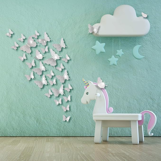 BBTO 48 Pieces Butterfly Wall Decor DIY 3D Mirror Butterfly Stickers Removable Decals Crafts for Birthday Party Bedroom School Bathroom Living Room Decor(Glitter Silver)