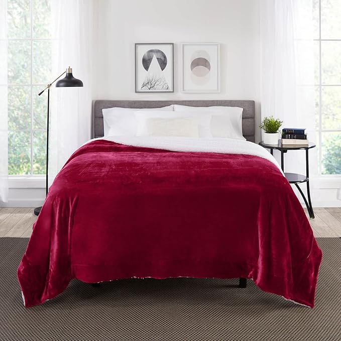 Genteele Sherpa Throw Blanket Super Soft Reversible Ultra Luxurious Plush Blanket, 102 x 90 inches, Rich Burgundy Red/White