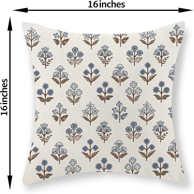 Brown Blue Pillow Covers 16x16 Inch Set of 2 Boho Block Print Floral Throw Pillows Vintage Flower Decorative Pillow Cases Outdoor Linen Farmhouse Cushion Cover for Couch Sofa Bed Decor