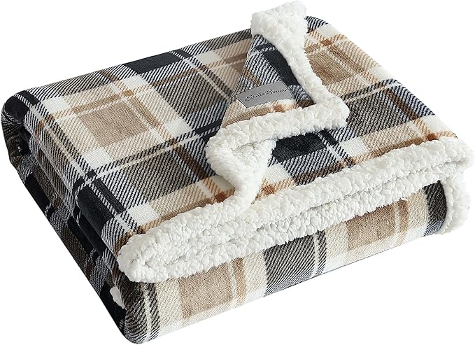Eddie Bauer - Throw Blanket, Brushed Fleece & Plush Sherpa Bedding, Blanket for Couch & Bed (Rugged Plaid Beige, 50" x 60")