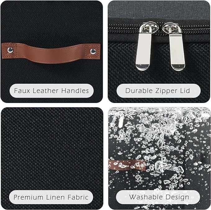 2 Pack Storage Bins with Zipper Lid Cotton Linen Fabric Lidded Storage Baskets Boxes Foldable Washable Closet Shelf Clothes Organizer Container with PU Leather Handles (Black, Extra Large)