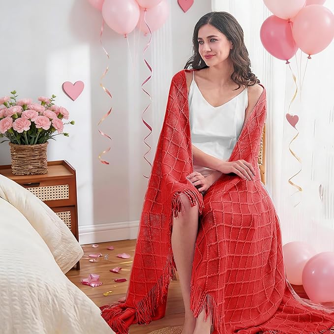 inhand Red Knitted Throw Blanket for Couch Bed, Mothers Day/Mom Birthday Gifts for Mom from Daughter Son, Soft Lightweight with Tassels, Farmhouse Warm Decorative Blanket for Women, 50"x60"
