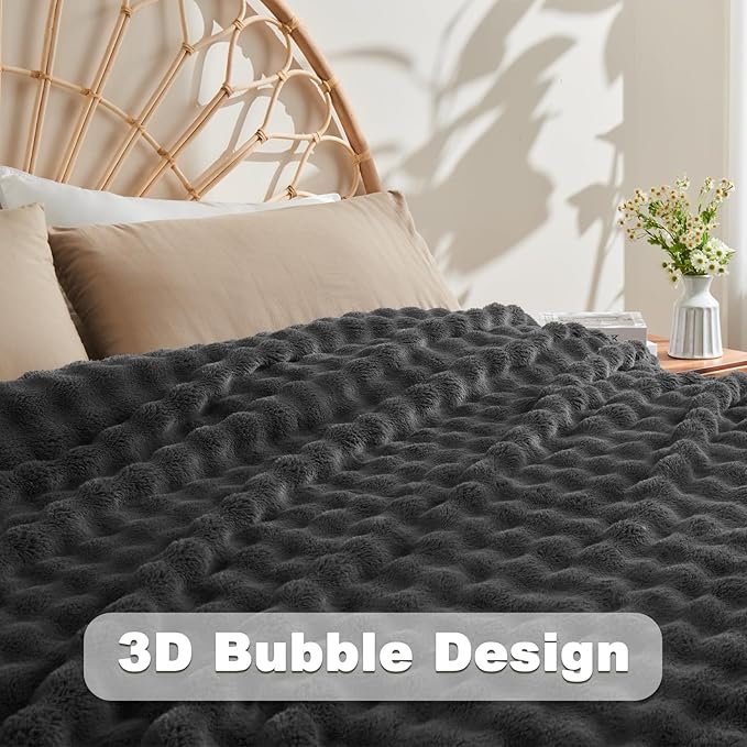 NEWCOSPLAY Throw Blanket for Couch Dark Grey Super Soft Flannel Fleece 3D Bubble Lightweight Bed Blanket All Season Use (Dark Grey, Throw(50"x60"))