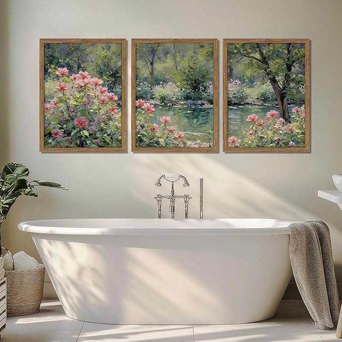 Framed Monet Wall Art Set of 3, Impressionist Botanical Floral Canvas Wall Decor, Vintage Cottagecore Artwork Paintings, Nature Landscape Flowers Prints Pictures for Living Room Bedroom 16x24 Inch