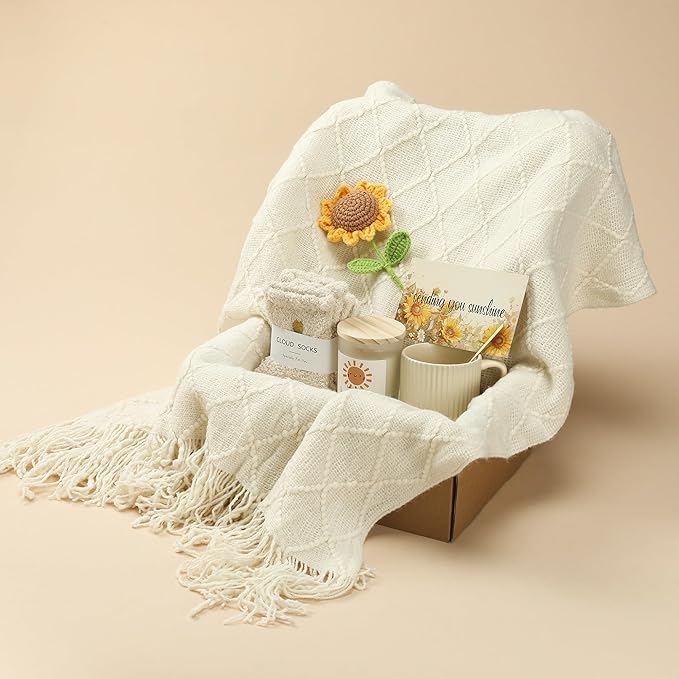 Self Care Gifts for Women - Luxury Package with 50"x70" Cozy Knitted Blanket, Fuzzy Socks, Soy Candle, Sunflower Decor | Birthday, Thinking of You, Get Well Gifts | Mom, Girlfriend, Best Friend