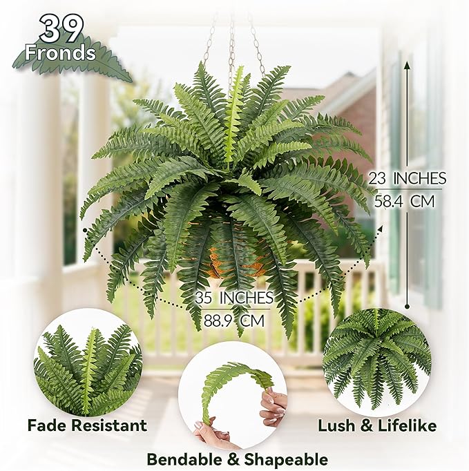 Fake Ferns, 35IN Realistic Fake Bush Plants, 4 Faux Ferns with 39 Fronds for Outdoors Garden Planter Porch Entrance Home Decor