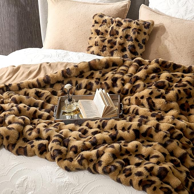 Cozy Bliss Cheetah Leopard Print Faux Fur Throw for Couch, Fuzzy Soft Plush Thick Bubble Blanket for Sofa Bedroom Living Room, 60x80 Inches Brown