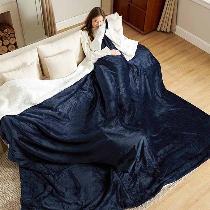 Bedsure GentleSoft Sherpa Fleece Cal King Blankets for Bed, Non-Heated, Thick and Warm Oversized Throw for Women and Men, Soft Fuzzy Plush Large Blanket for Winter, Navy, 112x98 Inches