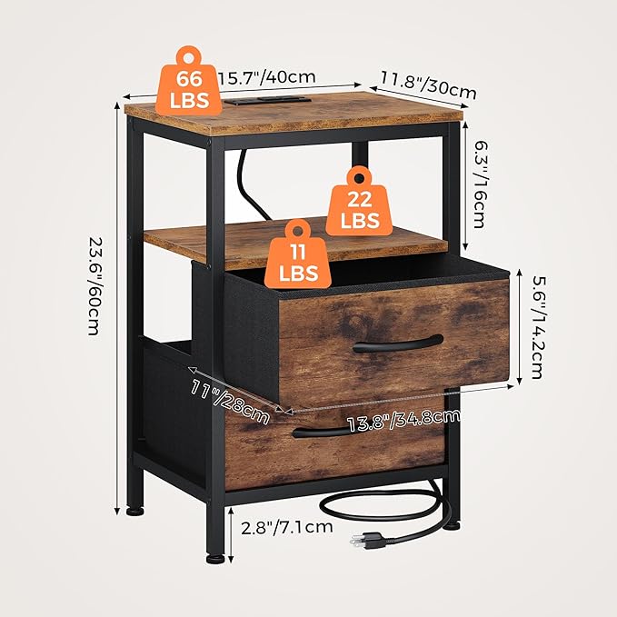DUMOS Nightstand Set of 2 with Built in Charging Station USB Ports and Outlets Adjustable Fabric Drawer Storage Bedside Table with Open Shelf for Bedroom,Brown