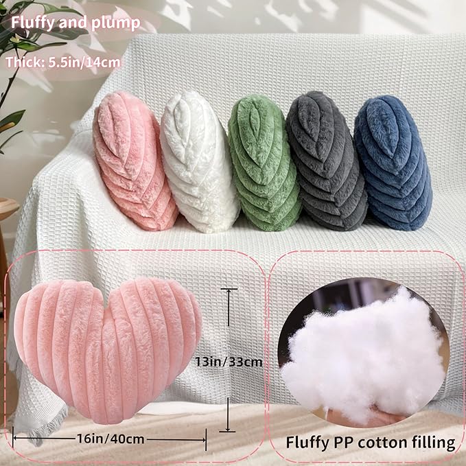 16 Inch Heart Pillow Cute Soft Decorative Throw Pillows, Heart Shaped Fluffy Faux Fur Pillows Cushions for Couch Sofa Bed Bedroom Room Home Decor Aesthetic (2, Green, Medium-16 x13)