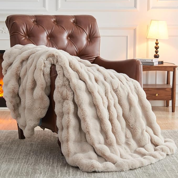 NEWCOSPLAY Faux Fur Throw Blanket Linen Luxury Fluffy Thick Warm Bubble Blanket for Couch Sofa Bed 1000GSM (Linen Bubble Thick, Throw(50"x60"))