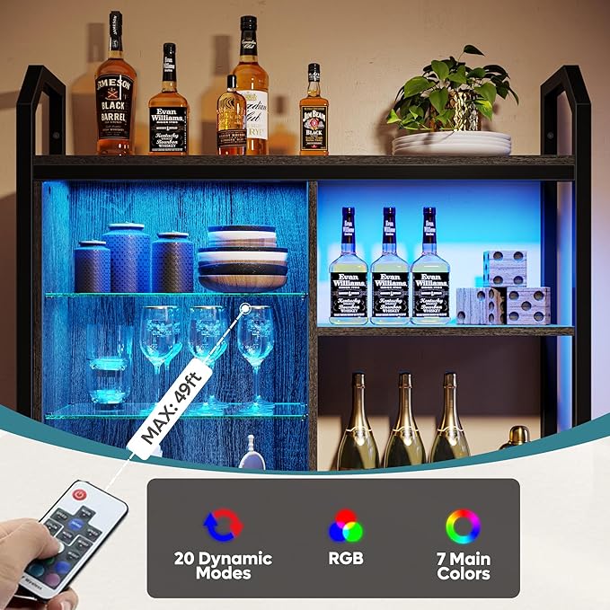 Bestier Gaming Floating Shelves, 34" LED Wall Mounted Shelf with Adjustable Glass Shelf, Pipe Shelves Hanging Display Rack Bookshelf with 6 S-Hook, Gaming Room Decor Wine Coffee Bar Black