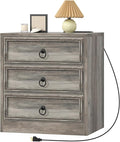 Farmhouse Nightstand with Charging Station, 21.7" Wide End Table with 3 Drawers, Grey Wood Side Table, Bedside Table for Bedroom, Living Room, Sofa