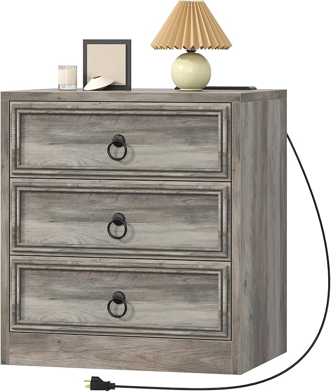 Farmhouse Nightstand with Charging Station, 21.7" Wide End Table with 3 Drawers, Grey Wood Side Table, Bedside Table for Bedroom, Living Room, Sofa