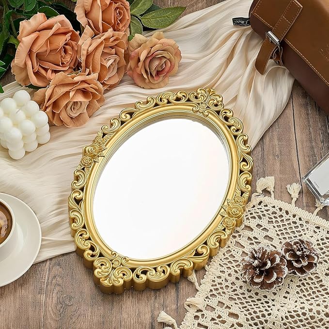 6 Pcs Vintage Gold Mirrors Set Including Small Oval Wall Mirror Antique Shield Shape Square Decorative Mirror Dresser Mirrored Tray for Bedroom Wedding Victorian Decor (Classic,Gold)