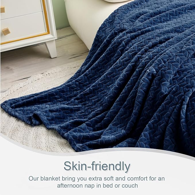 Exclusivo Mezcla Fleece Queen Size Blanket for Bed, 90x90 Inches Soft Cozy Jacquard Flannel Blankets, Lightweight Fuzzy Plush Warm for Women, Navy Blue