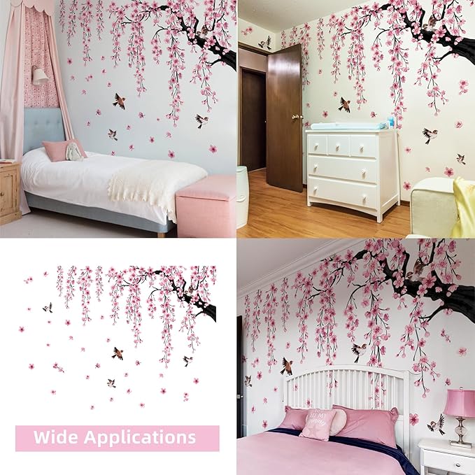 Lilac Wall Decoration Large Cherry Blossom Tree Wall Stickers, 4 Sheets Spring Pink Flower Bird Wall Decals Peel and Stick Wall Murals Decor for Living Room Bedroom (Pink, 11.8 * 35.4inch)