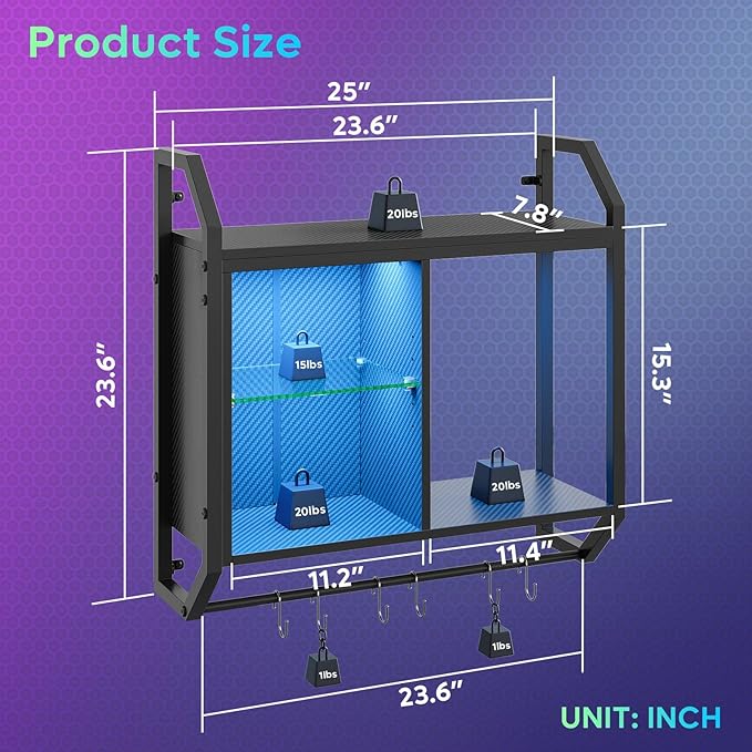 Bestier 25" LED Gaming Floating Shelves for Wall, Wall Mounted Shelf Pipe Adjustable Glass Shelves, Hanging Display Rack with 6 S-Hooks Towel Bar, Gaming Room Decor Shelf, Carbon Fiber Black