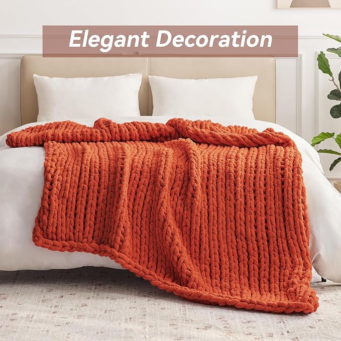 Chunky Knit Throw Blanket, 80''*90'' Knitted Throw Chenille Yarn for Bed Couch, Handmade Orange Crochet Big Thick Blanket, Machine Washable Cute Comfy Blanket for Home Decor