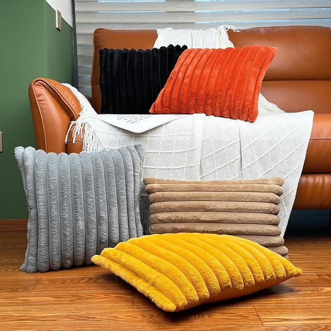 20" x 12" Black Throw Pillow Covers Pack of 2, Soft Fluffy Faux Fur Decorative Pillows for Couch, Bed Cover with Velvet Back for Living Room, Home Décor for Sofa (50cm x 30cm, No Inserts Included)