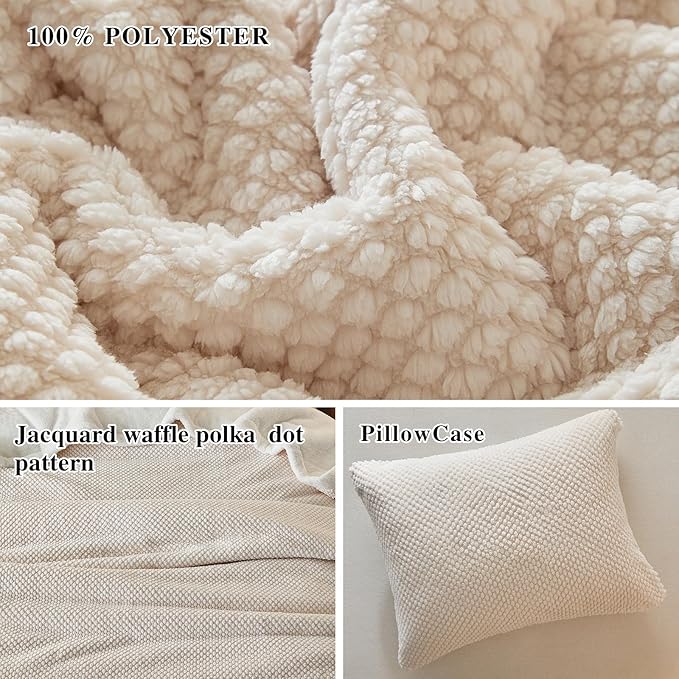 Luxury Flannel Fleece Sherpa Blankets Queen Size for Bed, Jacquard Boho 3-Layer Thick and Warm Blanket for Winter, Soft Cozy Fuzzy Plush Velvet Blanket with 2 Pillow Cases, Beige, 88x88 Inches