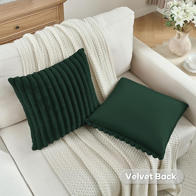 FUTEI Dark Green Decorative Throw Pillow Covers Set of 2, 22x22 Inch Soft Fluffy Faux Fur Plush Striped Cushion Cases, Modern Home Decor for Couch Bed Living Room