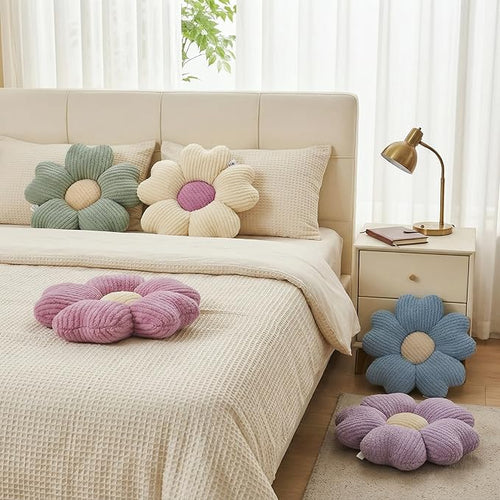 2 Pcs Blue Decorative Throw Pillows, 15'' Cute Daisy Flower Shaped Pillow Floor Seating Cushion for Bed Couch Bedroom Room Dorm Decor (Blue & Ivory)