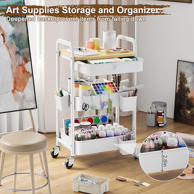 3 Tier Rolling Cart Metal with Table Top and Drawer, White Storage Cart with Wooden Top and Wheels, Three Tier Utility Carts Organizer for Art, Craft, Baby Diaper Caddy, Snack, Nail, Book, Makeup