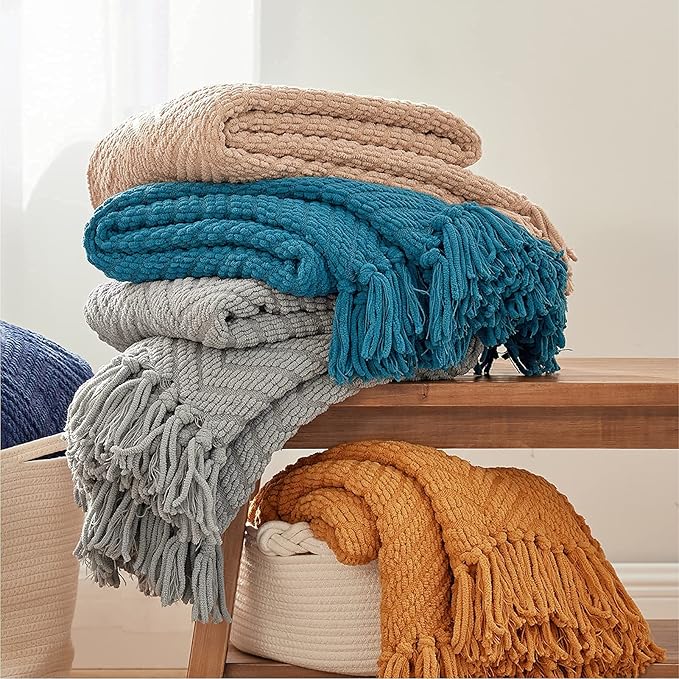 Bedsure Throw Blankets for Couch - Textured Chunky Knit Woven Chenille Blanket - Super Soft, Warm Decorative Boho Throw with Tassels for Bed, Sofa and Living Room Decor, Khaki, 60x80 Inches