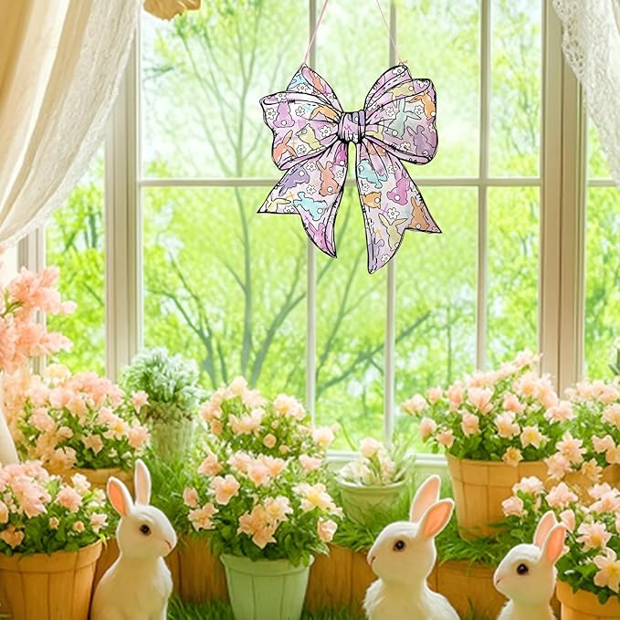RattanView Cute Easter Bow Wooden Door Decor Colorful Bunny Hanger Sign Coquette Bow Wall Hanging Pastel Preppy Wall Art Bowknot Welcome Front Door Girly Decor for Room Indoor Outdoor Porch