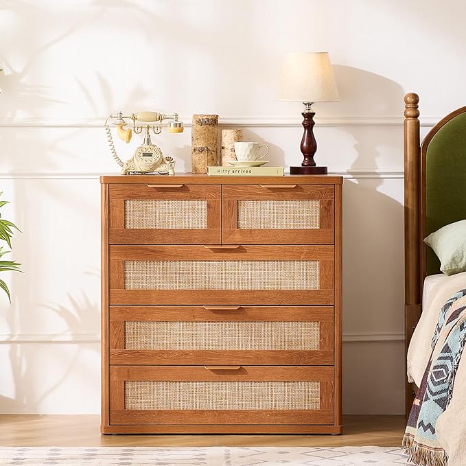 LEYAOYAO Rattan Dresser for Bedroom Set of 2, 33.5" Tall Chest of Drawers, Modern 5 Drawers Boho Dressers with Storage, Vintage Brown Dresser Wooden Closet Organizer for Living Room, Hallway