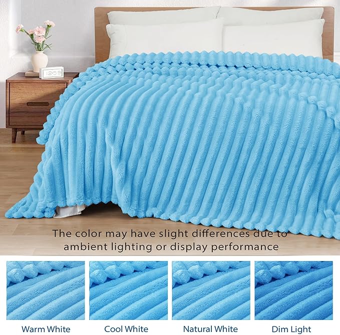 Exclusivo Mezcla Fleece Throw Blanket for Couch, Super Soft Striped Jacquard Bed Blanket, Lightweight Fuzzy Cozy for All Seasons, 50x60 Inches, Blue