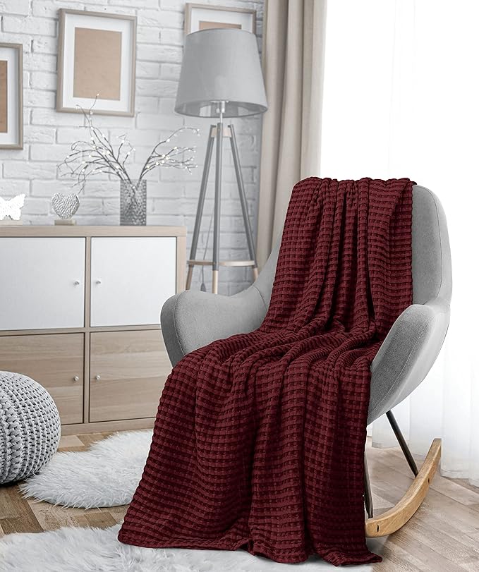 Utopia Bedding Burgundy 100% Cotton Waffle Blanket 300 GSM [Queen - 90x90 Inch] Soft Lightweight Breathable Bed Blanket for All Season