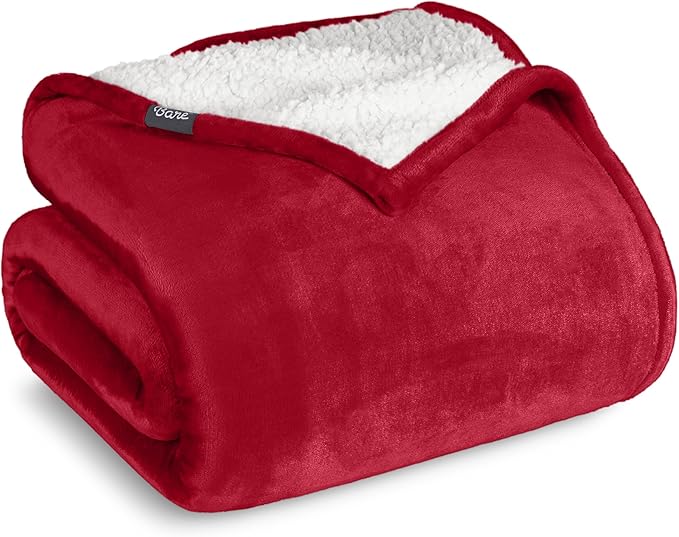 Bare Home Sherpa Fleece Blanket - Full/Queen Size - Blanket for Bed, Sofa, and Couch - Warm & Lightweight - Fluffy & Soft - Reversible (Full/Queen, Red)