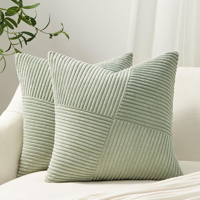 Topfinel Set of 2 Sagegreen Decorative Green Throw Pillow Covers 12x12 Inch, Soft Corduroy Pillow Covers Windmill Textured Striped Patchwork Cushion Cases for Couch Sofa Bed Cute Aesthetic Home Decor