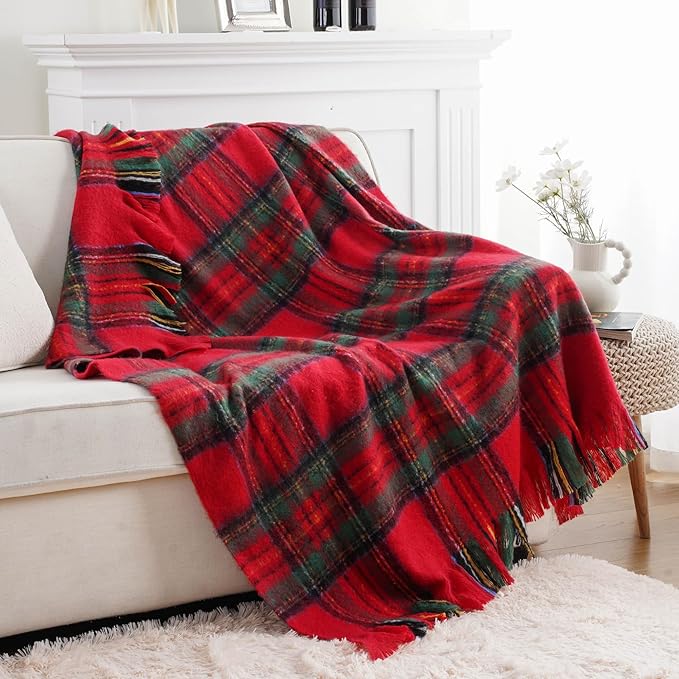 BATTILO Christmas Plaid Throw Blanket for Couch Bed, Mohair Red Tartan Plaid Blankets, Soft Cashmere Checkered Pattern, Red Christmas Throw Blankets for Home Decor (50"x60")