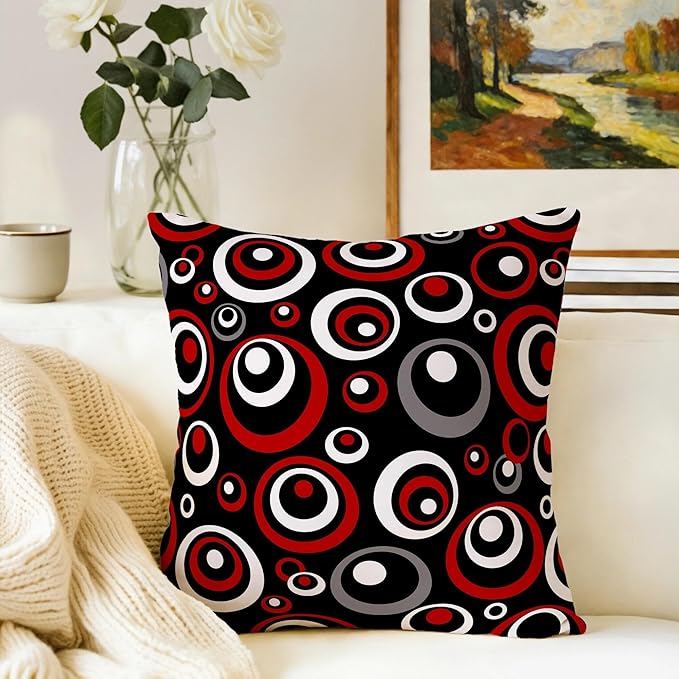 Red and Black Circular Pattern Throw Pillows Covers 18x18 Inch Set of 2, Gray Modern Abstract Pillowcases, Grey Geometric Circle Cushion Covers for Sofa Living Room Couch Bedroom, Modern Home Decor