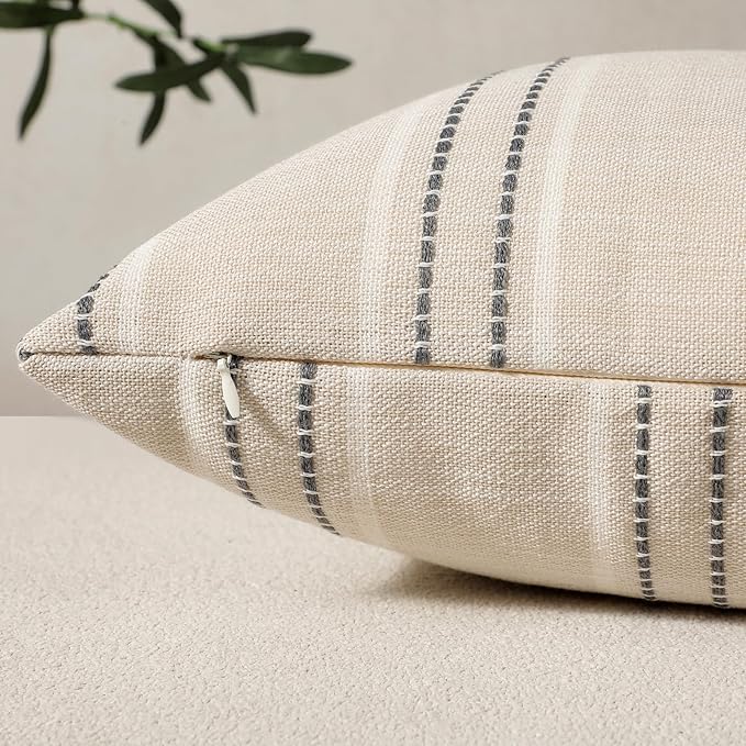 Hckot Hand Made Throw Pillow Covers 16x16 Set of 2 Striped Pillow Covers Textured Linen Decorative Pillows Square Cushion Covers for Sofa Couch Bed Living Room Farmhouse Decor