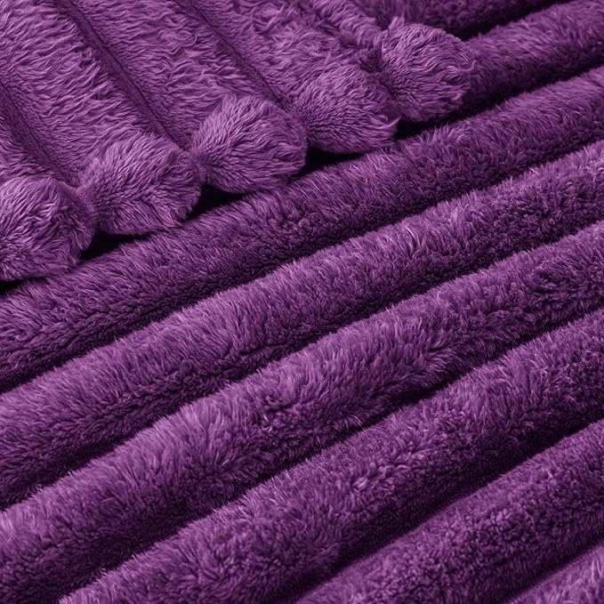 Exclusivo Mezcla Queen Size Flannel Fleece Blanket, Super Soft Striped Jacquard Bed Blanket, Lightweight Fuzzy Cozy for All Seasons, 90x90 Inches, Purple