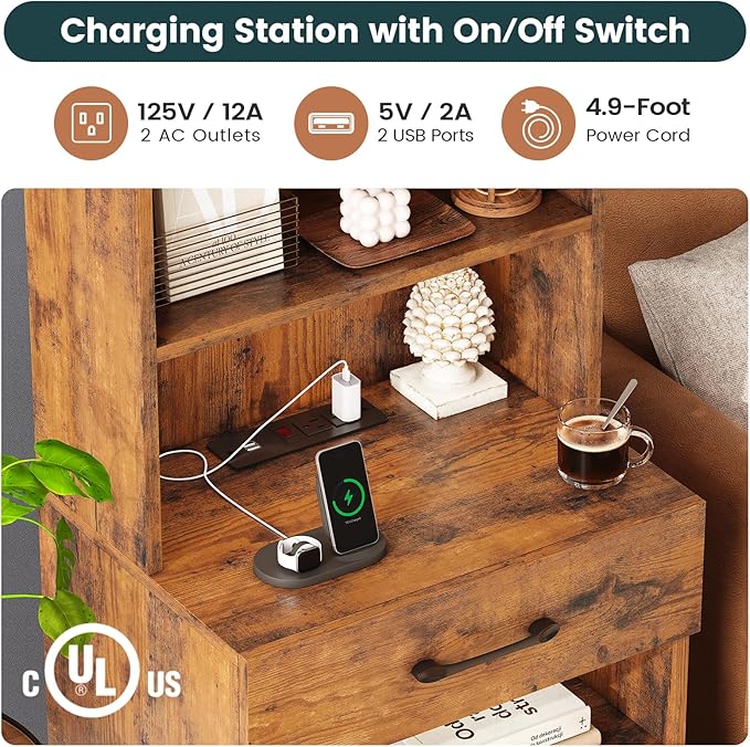 AOGLLATI Tall Nightstand with Charging Station and LED Lights, Night Stand with 3 Drawers, Rustic Brown Bedside Table with Bookshelf, Modern End Side Table for Bedroom