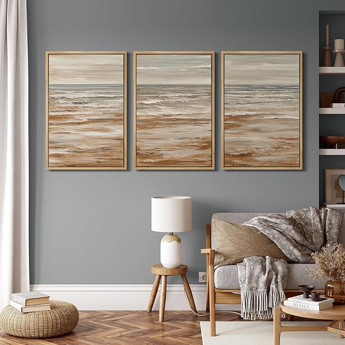 MUDECOR Framed Wall Art Print Set Neutral Coastal Seascape Minimalist Ocean Waves and Sandy Shore Illustrations Modern Art Boho Decorative for Living Room, Bedroom, Office - 24"x36"x3 NATURAL