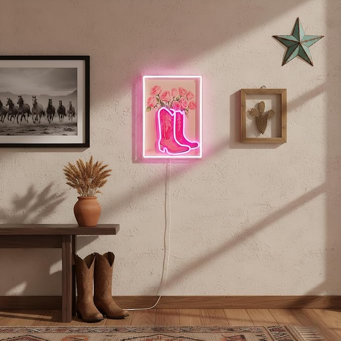 Cowgirl Boot with Flowers Neon Sign for Wall Art Decor, Dimmable Pink White LED Western Wall Light for Home, Bedroom, Game Room, Bar, Party, Birthday Gift for Cowgirls, 16.5 x 12.5 Inch