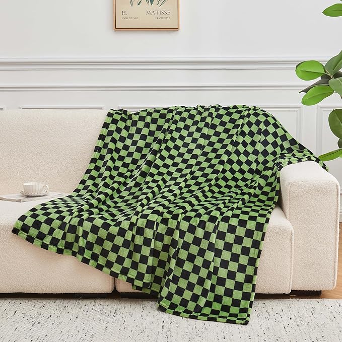 FY FIBER HOUSE Checkered Flannel Fleece Throw Blanket Soft Cozy Checkerboard Grid Print Chessboard Gingham Pattern Blankets for Bed Couch Sofa, 60"x80", Black Green