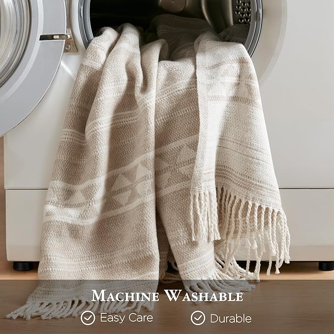 Woolrich Cotton Blend Jacquard Throw with Fringe Edge, Lightweight All-Season Decorative Throw Blanket, Machine Washable, Oeko-TEX Certified, Ivory Stripe, 50"x60"