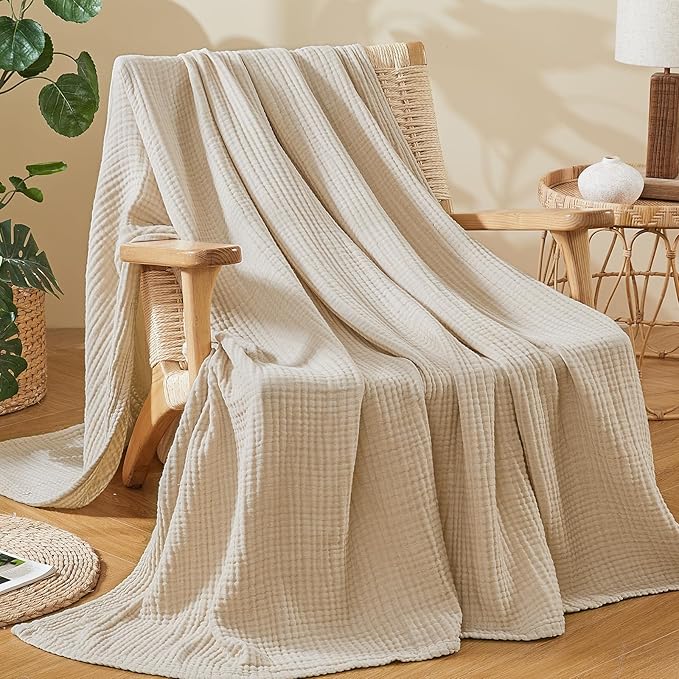 EMME Cotton Muslin Queen Blanket Bed Layering Bedspread Coverlet Breathable Gauze Soft Lightweight Blankets (Heather Beige, 90"x90")