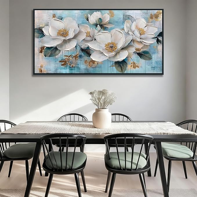 Ardemy Flower Teal Wall Art Framed Canvas for Living Room White Gold Floral Magnolia Canvas Painting, Bedroom Picture Textured Artwork Tranquil Home Office Wall Decor, Extra Large Black Wood 58"x29"
